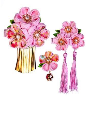 SENJWARM 髪飾り3点セット 成人式 七五三 浴衣 袴 着物 振袖 和装 つまみ細工 花 卒業式 結婚式 鈴付き 手作り 赤 青 紫 ピンク 白 5色全15選