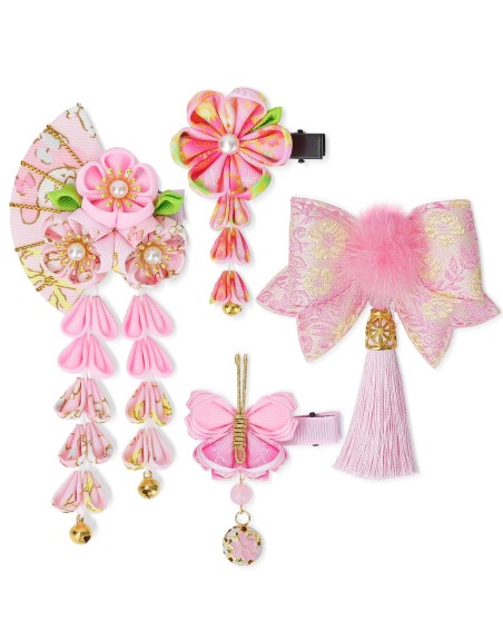 SENJWARM 七五三 髪飾り 4PCS バドフラワー 浴衣 髪飾り ドライフラワー 水引と金箔 成人式 卒業式 金箔 和装 振袖 結婚式