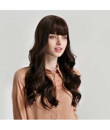 SENJWARM Brown Wig with Bangs Long Brown Wigs for Women Natural Wavy Brunette Wigs Heat Resistant Fiber Synthetic Brown Wigs