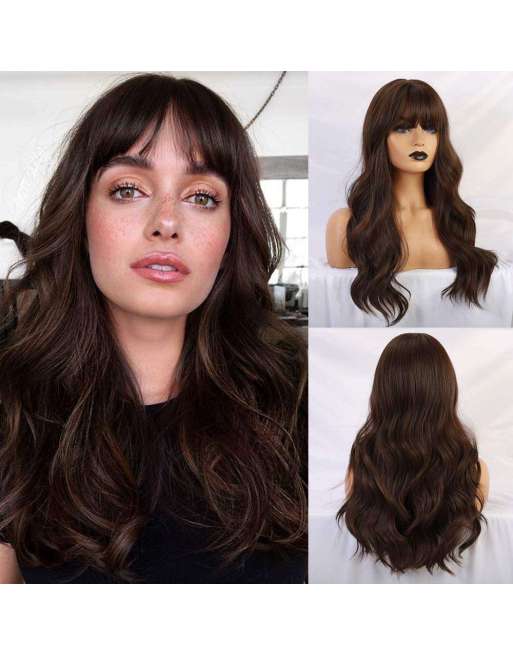 SENJWARM Brown Wig with Bangs Long Brown Wigs for Women Natural Wavy Brunette Wigs Heat Resistant Fiber Synthetic Brown Wigs