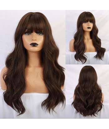 SENJWARM Brown Wig with Bangs Long Brown Wigs for Women Natural Wavy Brunette Wigs Heat Resistant Fiber Synthetic Brown Wigs