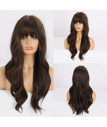 SENJWARM Brown Wig with Bangs Long Brown Wigs for Women Natural Wavy Brunette Wigs Heat Resistant Fiber Synthetic Brown Wigs