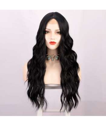 SENJWARM Long Black Wavy Wigs for Women Middle Part Curly Black Wig Natural Looking Synthetic Heat Resistant Fiber Wigs 24 Inch