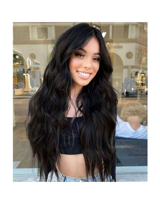 SENJWARM Long Black Wavy Wigs for Women Middle Part Curly Black Wig Natural Looking Synthetic Heat Resistant Fiber Wigs 24 Inch