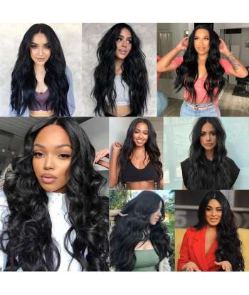 SENJWARM Long Black Wavy Wigs for Women Middle Part Curly Black Wig Natural Looking Synthetic Heat Resistant Fiber Wigs 24 Inch