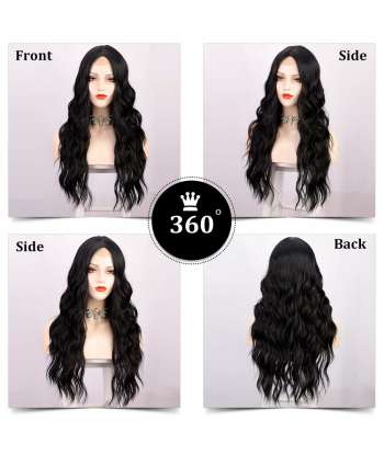 SENJWARM Long Black Wavy Wigs for Women Middle Part Curly Black Wig Natural Looking Synthetic Heat Resistant Fiber Wigs 24 Inch