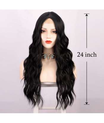 SENJWARM Long Black Wavy Wigs for Women Middle Part Curly Black Wig Natural Looking Synthetic Heat Resistant Fiber Wigs 24 Inch