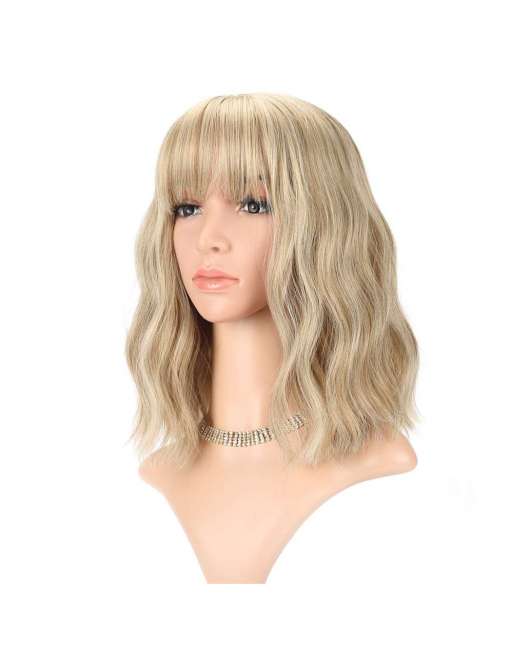 SENJWARM Loose Wave Blonde Wig Short Bob Wigs With Air Bangs Shoulder Length Wig For Women Curly Wavy Synthetic Cosplay Wig