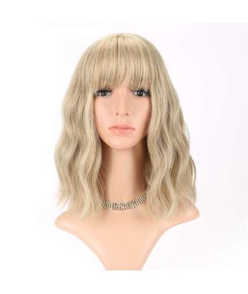 SENJWARM Loose Wave Blonde Wig Short Bob Wigs With Air Bangs Shoulder Length Wig For Women Curly Wavy Synthetic Cosplay Wig