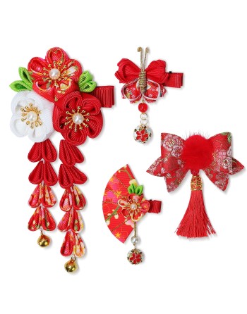 SENJWARM 七五三 髪飾り 4PCS バドフラワー 浴衣 髪飾り ドライフラワー 水引と金箔 成人式 卒業式 金箔 和装 振袖 結婚式