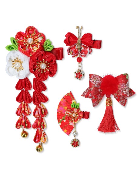 SENJWARM 七五三 髪飾り 4PCS バドフラワー 浴衣 髪飾り ドライフラワー 水引と金箔 成人式 卒業式 金箔 和装 振袖 結婚式