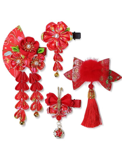 SENJWARM 七五三 髪飾り 4PCS バドフラワー 浴衣 髪飾り ドライフラワー 水引と金箔 成人式 卒業式 金箔 和装 振袖 結婚式