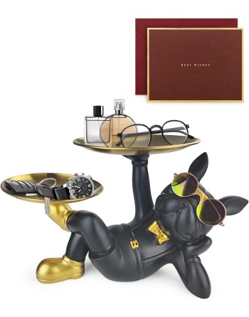 【SENJWARMブランド公式本物】寝そべる犬さん 2枚掲げているゴールドの収納トレ 飾り 面白い犬オーナメント 贈り物 フレンチブルドックダブルトレイ 卓上置物 キー収納 玄関置物