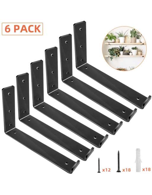 Shelf Brackets 7.5 x 6 Inch, Heavy Duty Black Metal  L Bracket with Lip/Hook for DIY Open Shelving Wood Shelves - 6 Pack