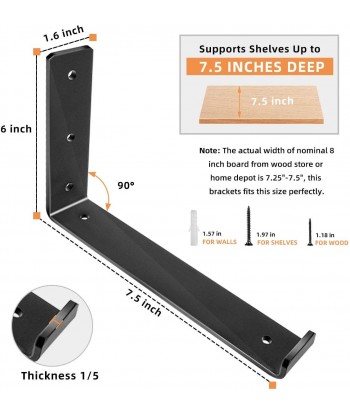 Shelf Brackets 7.5 x 6 Inch, Heavy Duty Black Metal  L Bracket with Lip/Hook for DIY Open Shelving Wood Shelves - 6 Pack