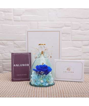 SENJWARM 5.2×3.3inch Mother's Day Glass Angel Gifts with I Love You Necklace in 100 Languages Dark Blue Preserved Flowers