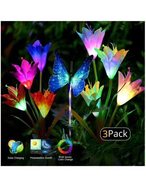 Solar Garden Lights - 3 Pack LED Color Changing Solar Lights for Garden, Patio, Backyard (2 Lilly Flowers and 1 Butterfly)