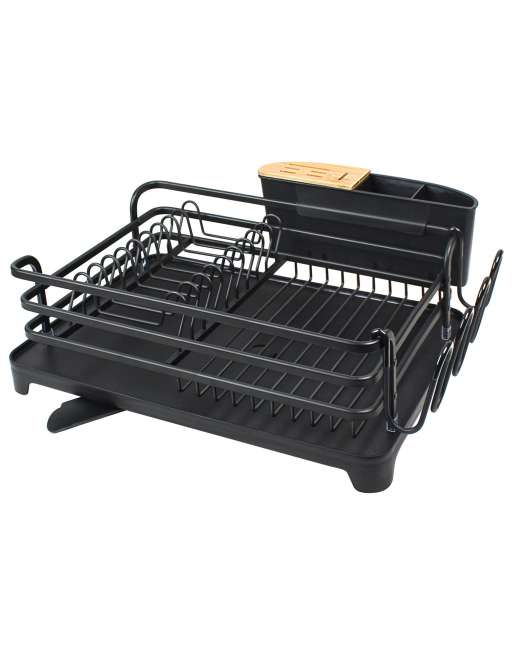 Aluminum Dish Drying Rack, Never Rust Dish Drainer with Removable Cutlery Holder & Cup Holder (Black)