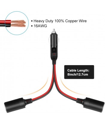 Car Cigarette Lighter Splitter Adapter, Electop 1 to 2 DC 12/24V Port 2-Way Splitter, 5 inch 16AWG 15A Fuses