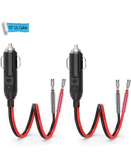 Car Replacement Cigarette Lighter Male Plug with Leads & LED Light, 12V/24V 10 inch 16AWG 15A Fuse (2 Pack)