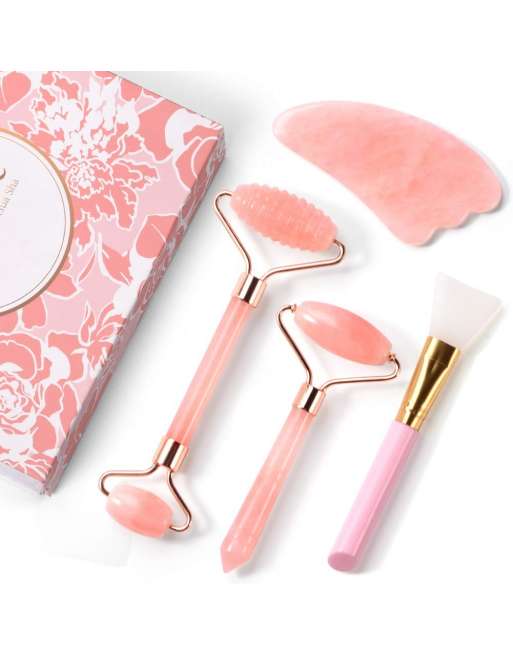 Jade Roller Face Roller and Gua Sha Set for Neck, Body, Face, Natural Rose Quartz Anti-Aging Massager to Repair Skin