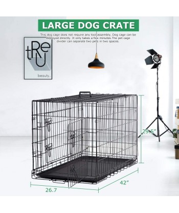 Homes for Pets Dog Crate Dog Cage Double Door Folding Metal with Plastic Tray Pet Cage Indoor Outdoor Travel/42 inches