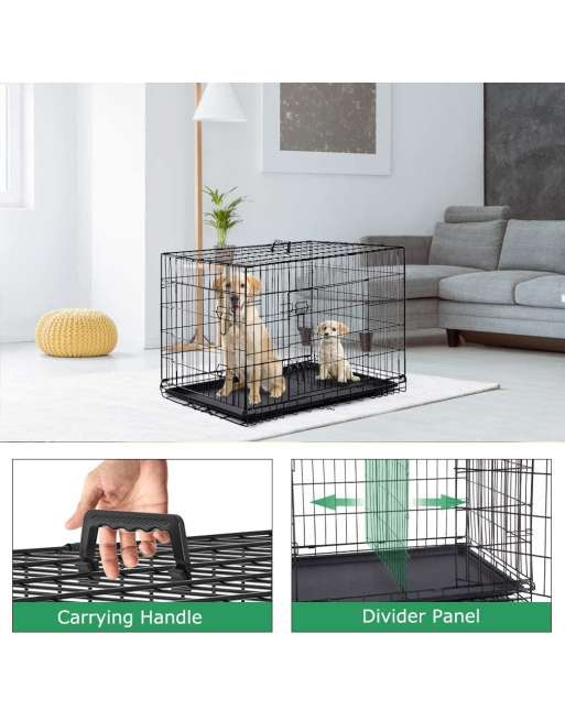 Homes for Pets Dog Crate Dog Cage Double Door Folding Metal with Plastic Tray Pet Cage Indoor Outdoor Travel/42 inches