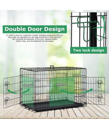 Homes for Pets Dog Crate Dog Cage Double Door Folding Metal with Plastic Tray Pet Cage Indoor Outdoor Travel/42 inches