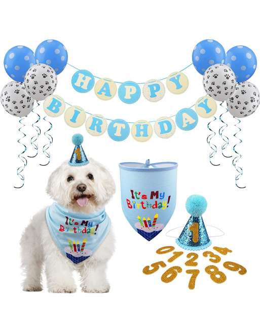 Dog Birthday Bandana Hat with 0-9 Figures Party Supplies Decoration - Banner Balloon Hanging Swirls 1st Birthday Dog Boy Girl