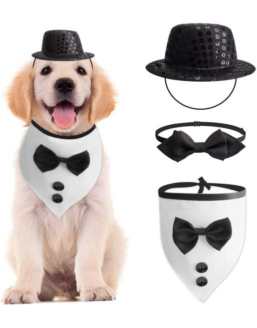 Wedding Dog Bandana Top Hat Bowtie Set Pet Scarf Wedding Attire Birthday Party Costume