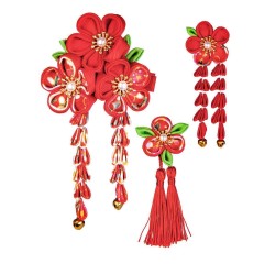 SENJWARM 髪飾り3点セット 成人式 七五三 浴衣 袴 着物 振袖 和装 つまみ細工 花 卒業式 結婚式 鈴付き 手作り 赤 青 紫 ピンク 白 5色全15選