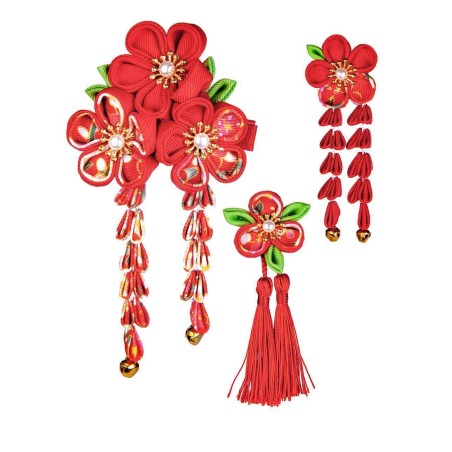 SENJWARM 髪飾り3点セット 成人式 七五三 浴衣 袴 着物 振袖 和装 つまみ細工 花 卒業式 結婚式 鈴付き 手作り 赤 青 紫 ピンク 白 5色全15選